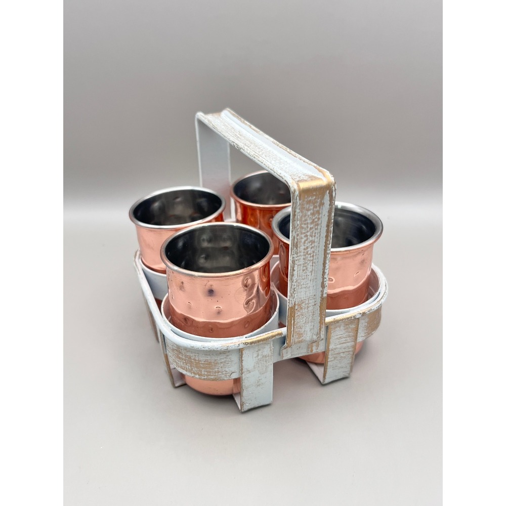 Hammered Copper Shot Glass Set of 4 with Distressed White Metal Caddy Barware